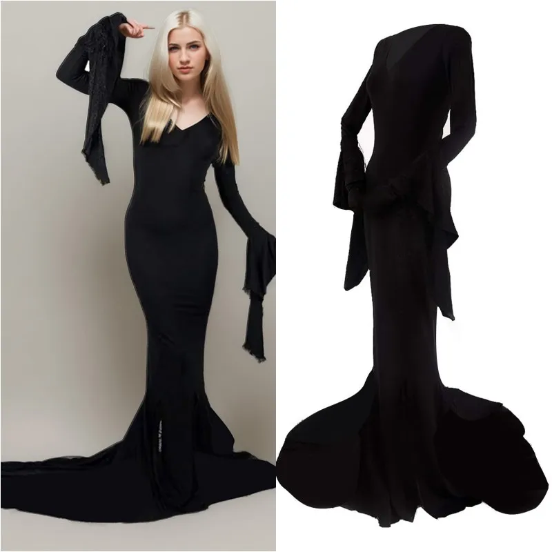 

Vintage Gothic Style Black Hooded Dress V Neck Women Long Sleeve Dress Solid Color Cosplay Costume Flying Sleeve Vacation Outfit