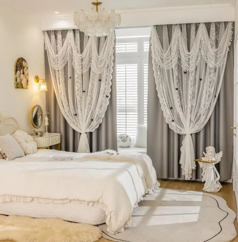 High-end-Stoff Garn Doppel-schicht Volle Schattierung Vorhang Prinzessin Mädchen Schlafzimmer Wohnzimmer Spitze Erker Fenster Balkon tür Vorhänge – Detail 23