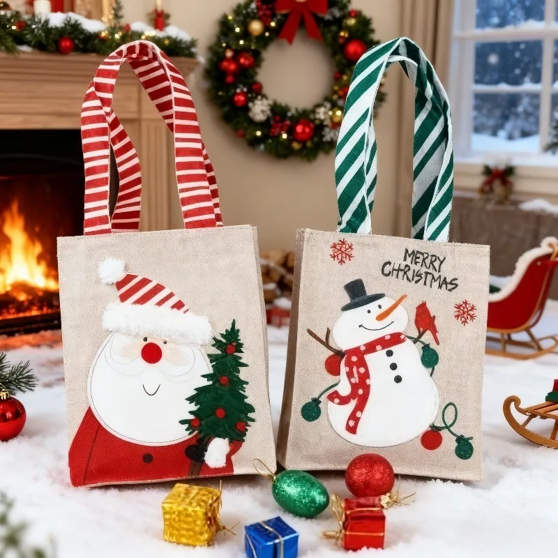 1-10PCS Christmas Burlap Gift Bags Santa Snowman Design Handheld Candy Bags for Holiday Party Favor Supplies and Decorations 4