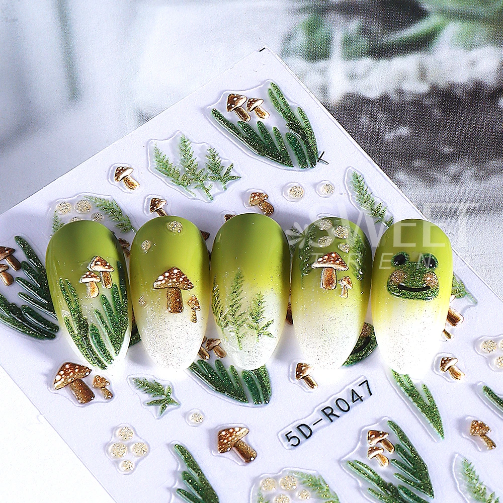 5D Embossed Flash Frog Nail Art Sticker Adhesive Mushrooms Flower Autumn Winter Nail Decals Manicure Decoration Nail Supplies