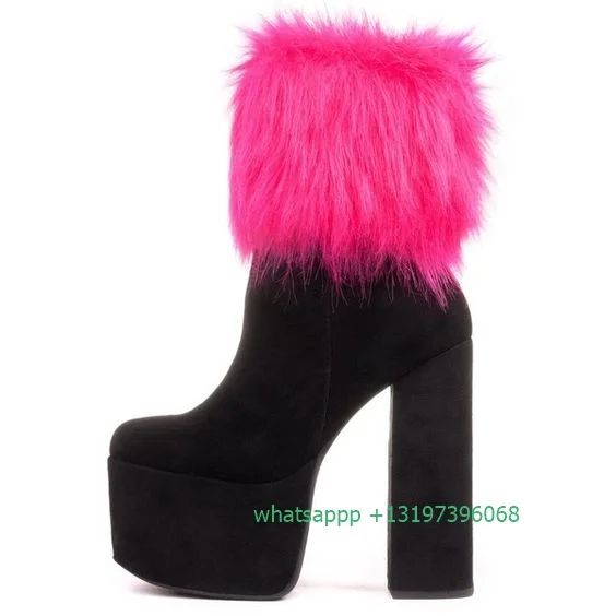 Lady hot pink fur design platform calf boots chunky heel punk boots fall causal party dress boots winter daily footwear size 46