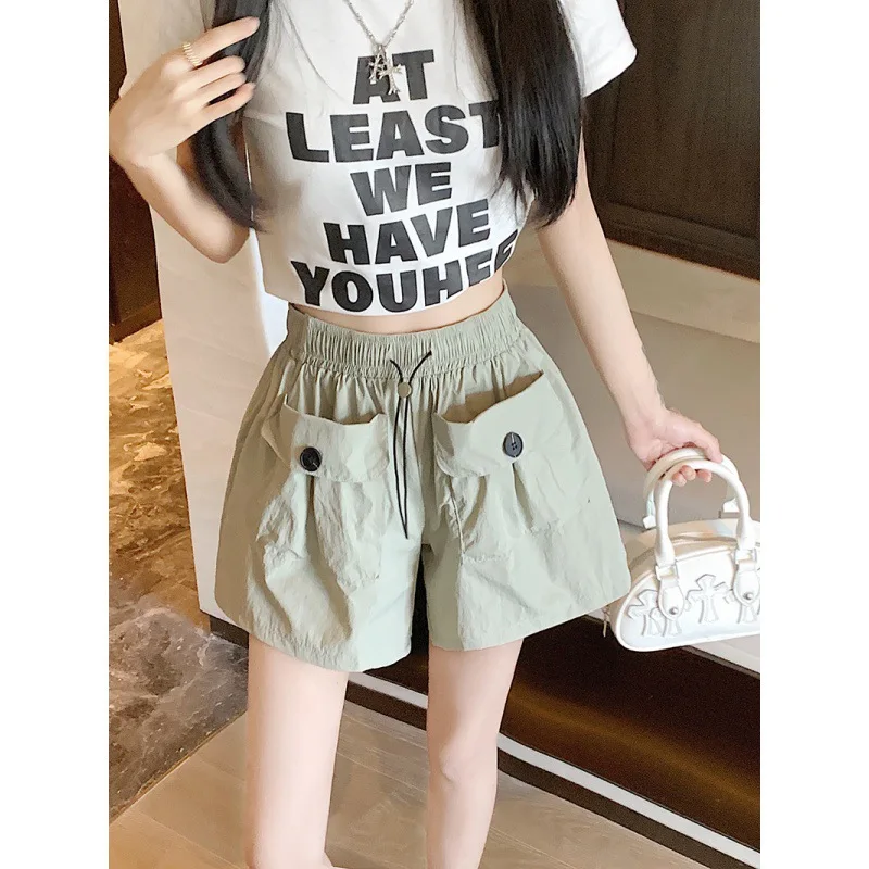 Summer New Minimalist Commute Shorts Women's Solid Spliced Button Pocket Drawstring Loose Casual High-waisted Wide Leg Trousers