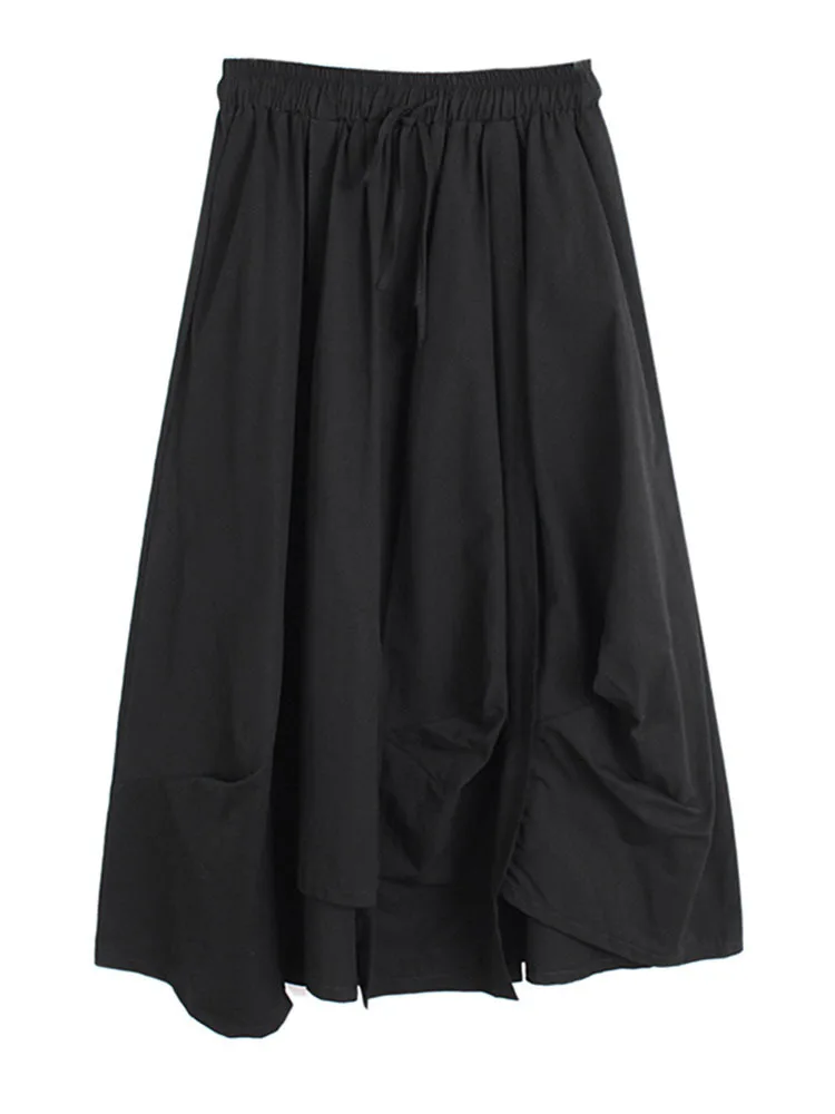 

High Elastic Waist Black Irregular Drawstring Long Half-body Skirt Women Fashion Tide New Spring Autumn 2022 N540