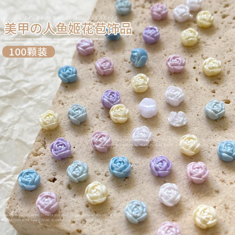 100Pcs Mini Camellia Rhinestones Nail Jewelry 4mm Resin Flower Nail Charms Parts Colorful Rose Nails Art Decor Accessories 3