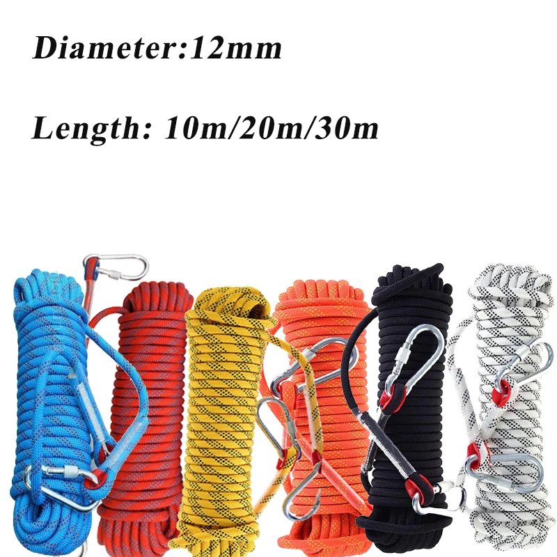 

12mm 10/20/30m High Strength Safety Rock Climbing Rope+2 Hooks Emergency Fire Escape Rope Lifeline Rescue Outdoor Survival Tool