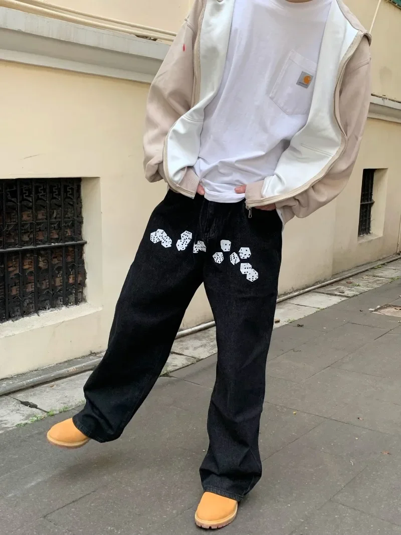 

Dice Print Pattern High Waist Jeans for Men and Women American Retro Loose Casual Wide Leg Pants Japanese Hip-hop Trousers