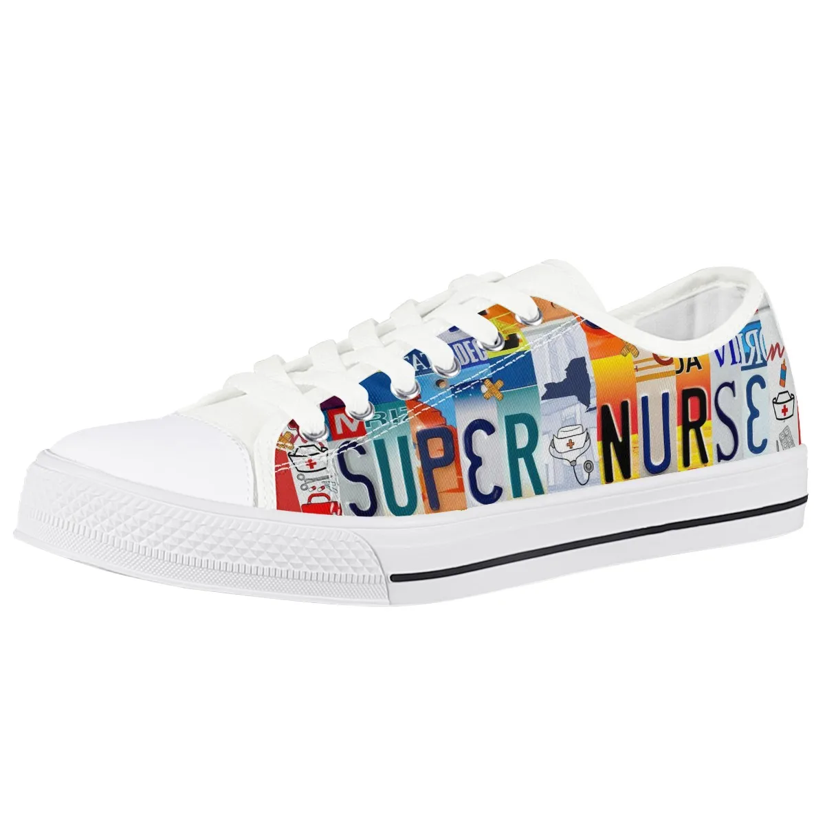License Plate Super Nurse Shoes Ladies Lace-up Casual Shoes Breathable Walking Canvas Shoes New Style Women Vulcanized Flat