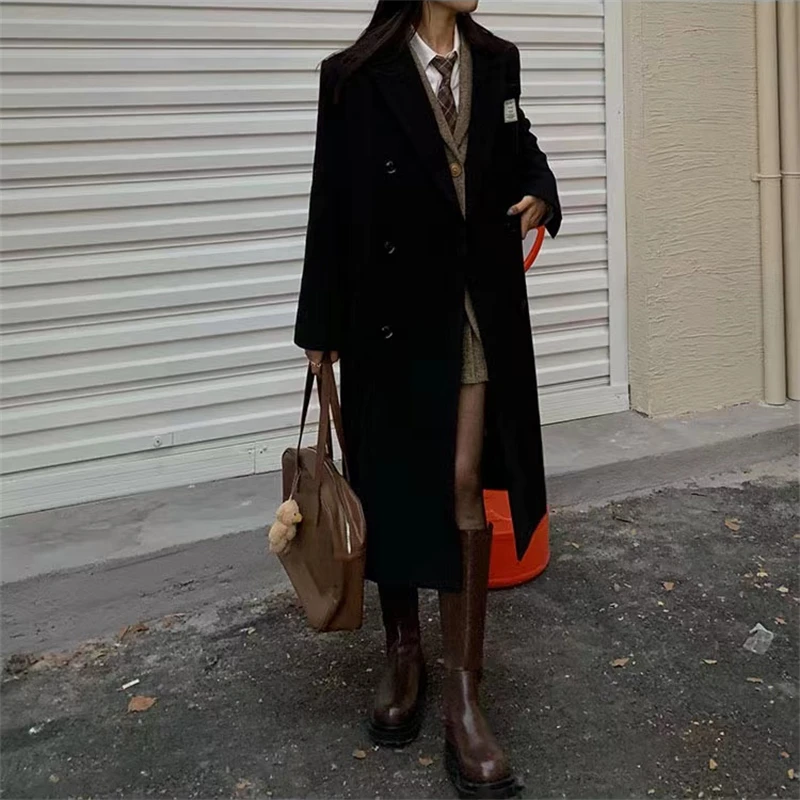 

Long Woolen Coat with Suit Collar Jacket Women's Autumn Winter Warm British Style Commuter Loose Middle Long Outerwear Female
