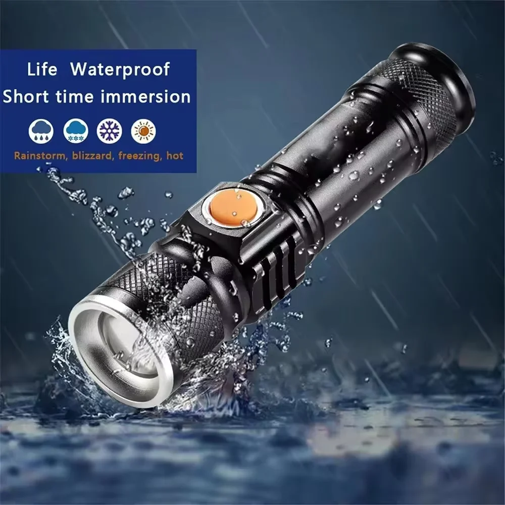 Lanterna LED de liga de alumínio, portátil para pesca noturna, luz forte, carregamento USB, lanterna de mão.