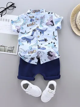 2PCS Baby Toddler Summer Outfit Set Cartoon Spotted Dinosaur Print Stand up Collar Short Sleeved Shirt And Shorts for Kids 1