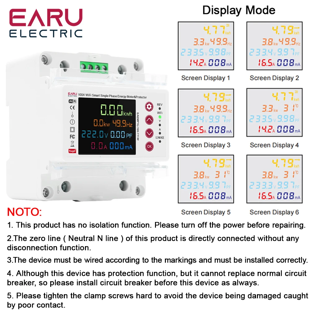 Tuya 2P 100A WiFi Smart Bi-Directional Energy Power kWh Meter Leakage Over Unde