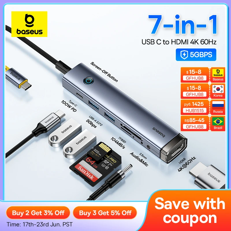 Baseus-hub Usb c para Hdmi 4k 60hz Usb tipo c 3.0 Rj45 pd 100w sd Cartão tf Adaptador Slim Dock para Macbook pc