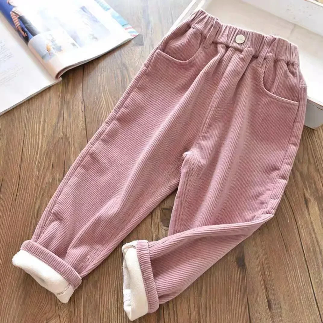 One button corduroy fleece-lined pants pink