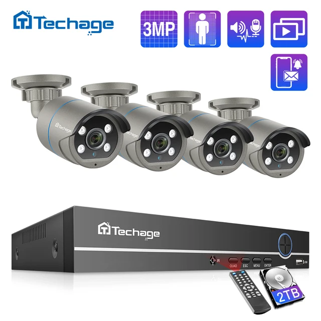 Techage 8CH 3MP H 265 HD POE NVR Kit CCTV Security System 1080P IR Outdoor Two