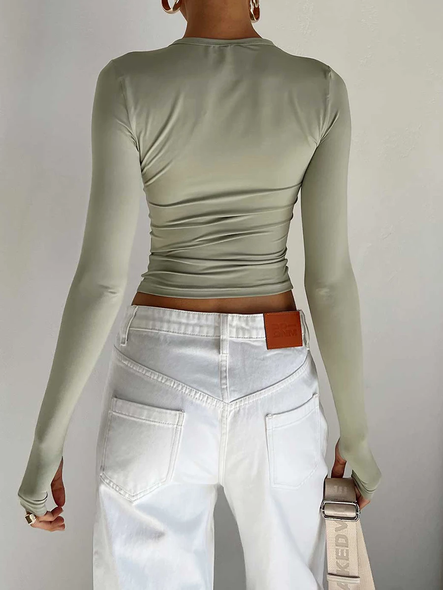 

Женская Облегающая рубашка с длинным рукавом Y2k, эластичный укороченный топ с круглым вырезом и вырезом для большого пальца, базовая футболка, топы