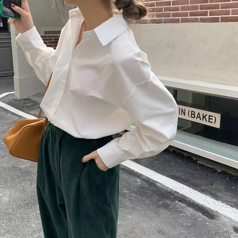 

Новая однотонная однобортная блузка, Женская Классическая рубашка-поло с длинным рукавом и воротником-поло, Корейская офисная универсальная характерная рубашка Z275