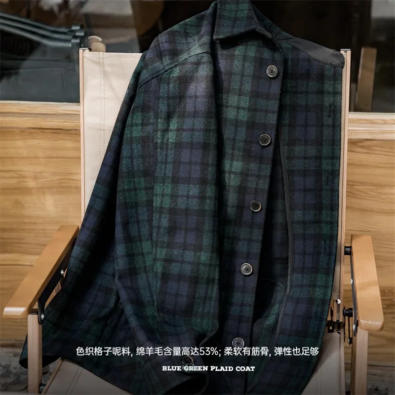 Maden Women's Vintage Top Blue Green Plaid Shirt Autumn Winter Coat Casual Loose Design Jacket