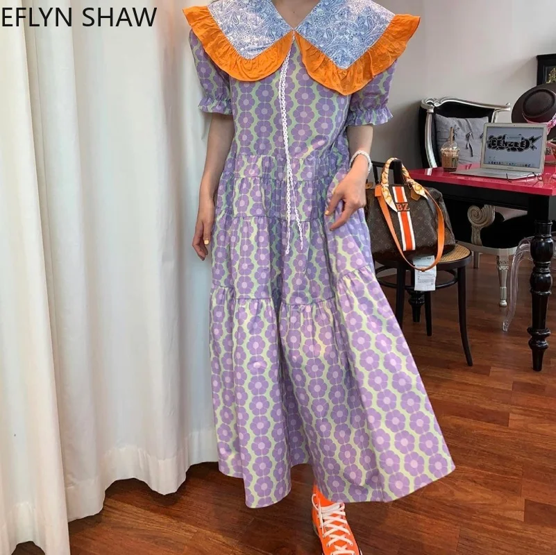 

Женское пляжное платье до щиколотки, повседневное свободное платье в Корейском стиле ретро с большими отворотами и оборками