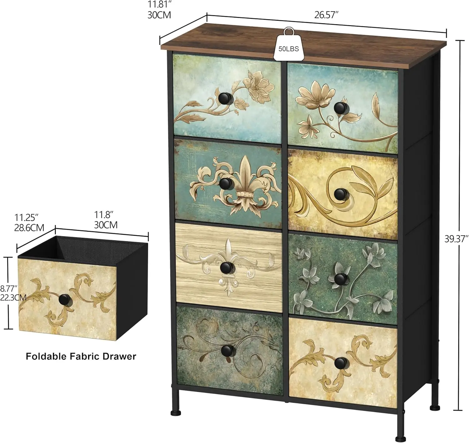Narrow Storage Dresser. Slim with Retro Flowers. Fabric Drawers. 8 Drawers. Bedroom, Bathroom, Entryway.
