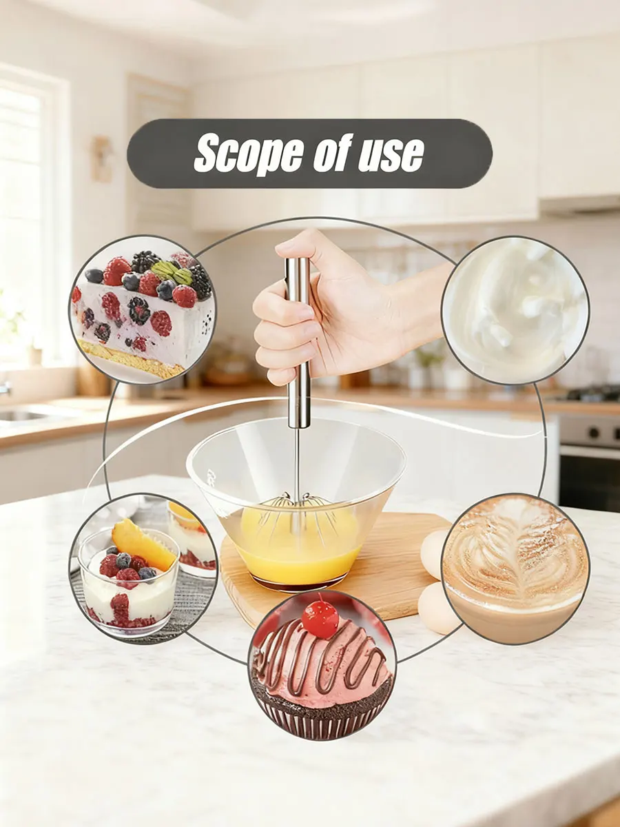 Stainless Steel Egg Beater, Semi-Automatic Hand Mixer and Egg Scrambler for Cream, Eggs and Kitchen Baking, Sliver