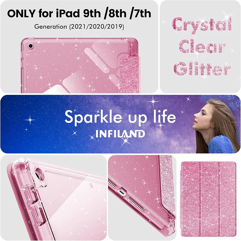 Glittering Sparkly Tablet Case with Pencil Holder and Auto Sleep Feature