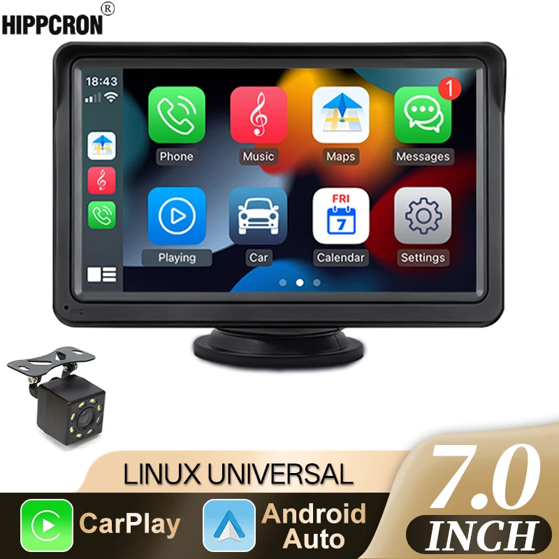 Radio para coche Hippcron de 7 pulgadas, Carplay inalámbrico y Android Auto inalámbrico, reproductor de vídeo Multimedia con pantalla táctil, AUX, USB para cámara 1
