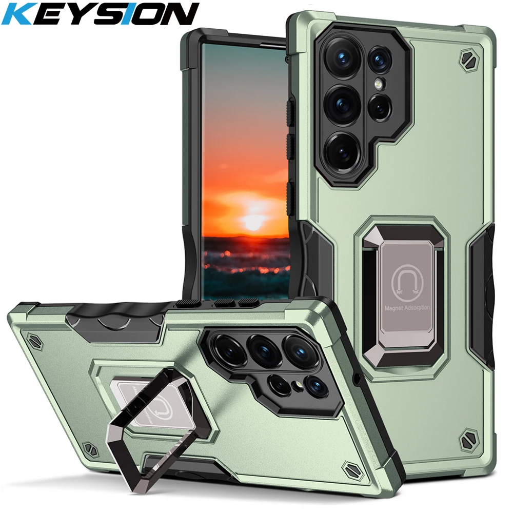KEYSION Shockproof Armor Case for Samsung S22 Ultra 5G S22+ Silicone+PC Ring Stand Phone Back Cover for Galaxy S21+ Plus_voghion.com