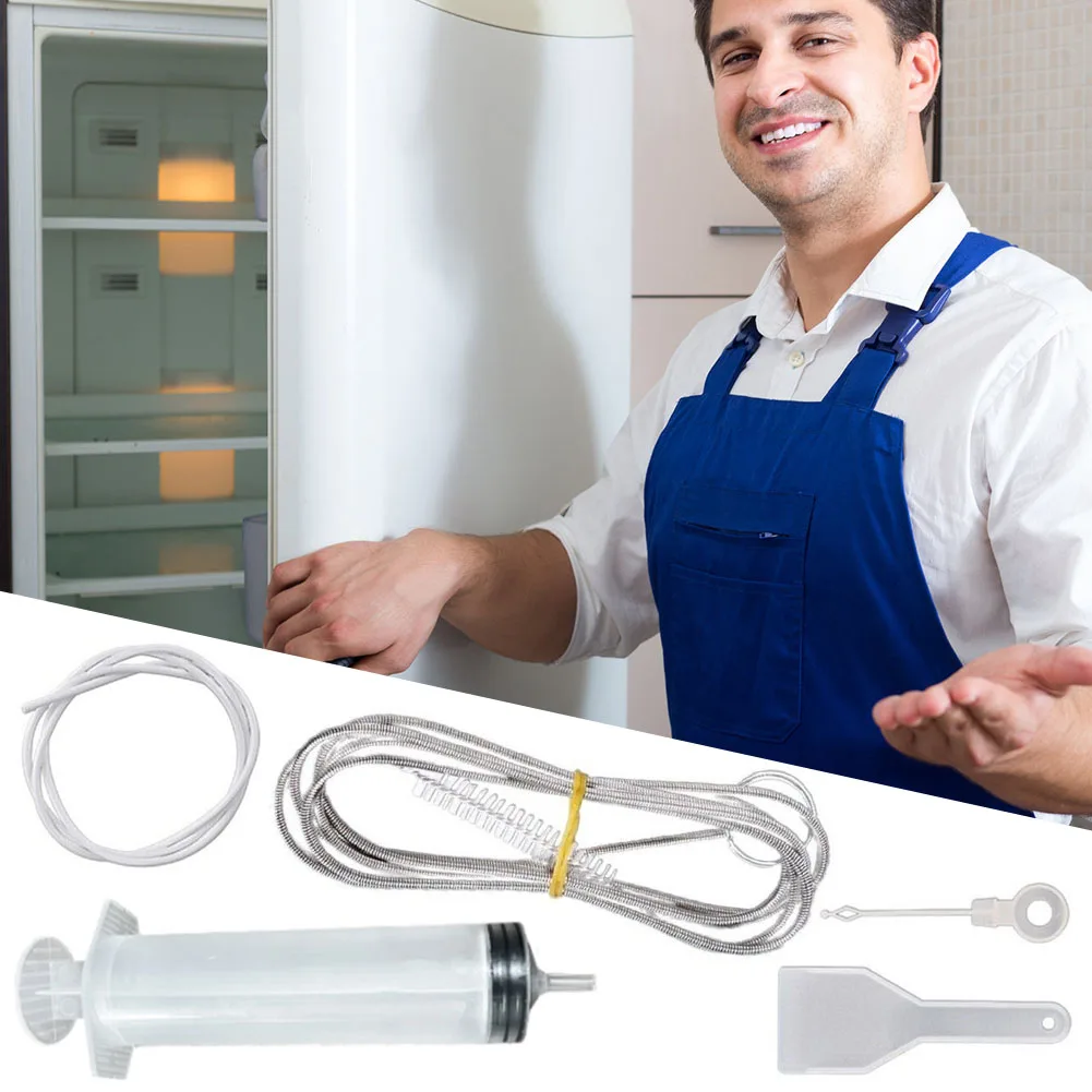 5pcs Fridge Dredging Kit Flexible Refrigerator Scrub Brush Reusable Clean Drain Outlet Dredging Tool Cleaning Syringe Shovel