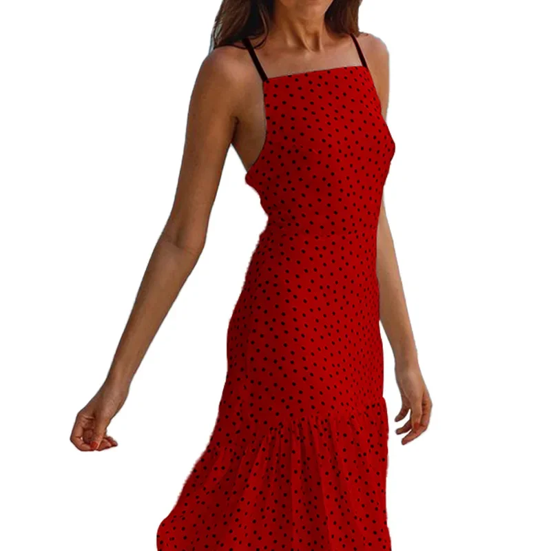 2023 Summer Women's Polka Dot Printed Long Dress Thin Shoulder Strap Robe New Style Sling Tight Backless Fashion Wrap Dress Set