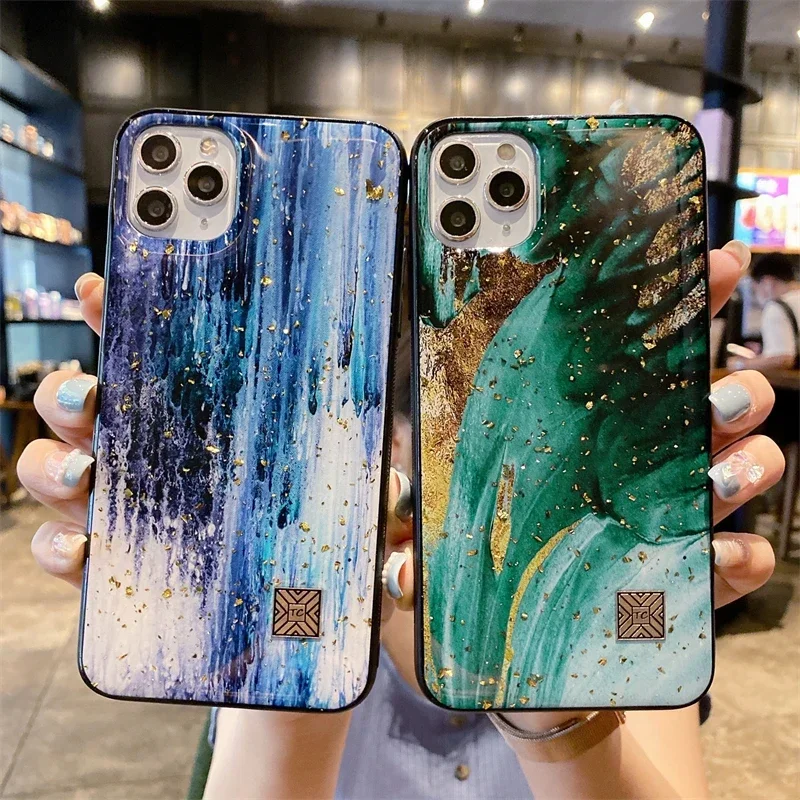 Luxurious Marble Silicone Epoxy Glitter Phone Case with Gold Foil Feather Design