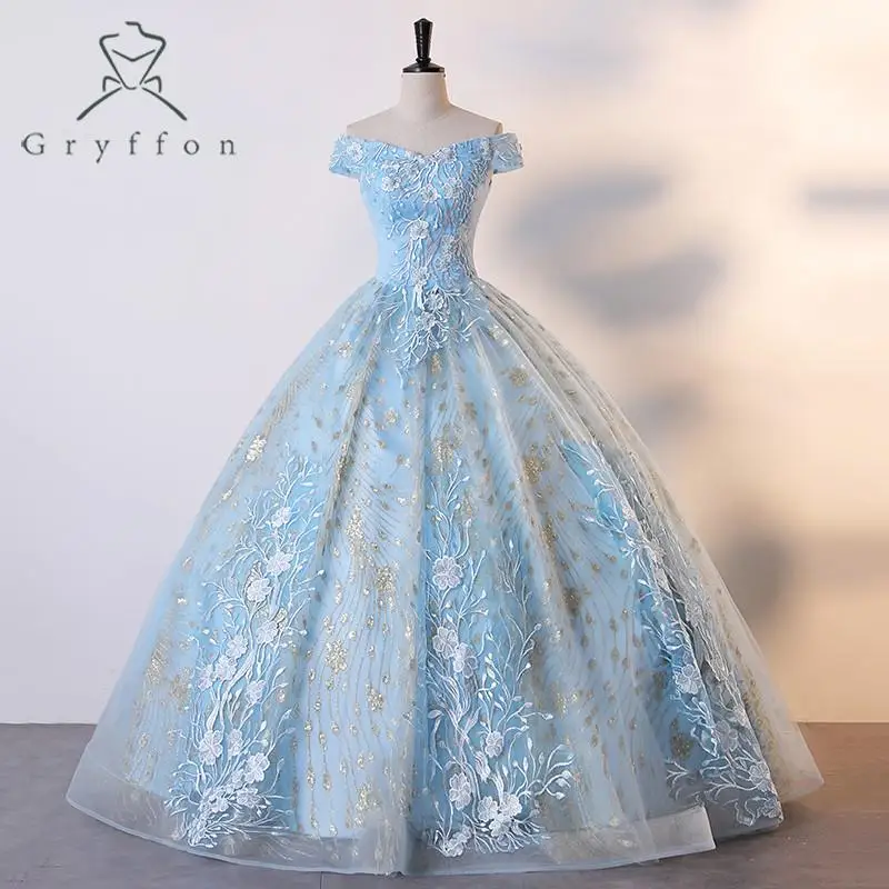 Light Blue Quinceanera Dresses Off The Shoulder Party Dress Luxury Lace Ball Gown Shinny Sequin Prom Dress Plus Size Vestidos