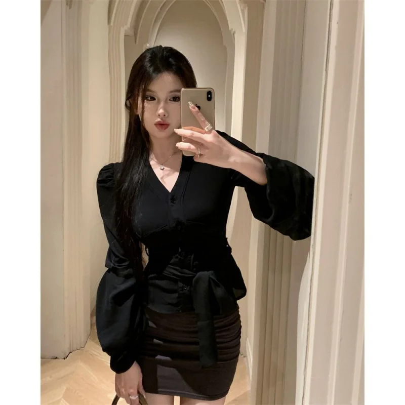 Temperament V-neck Long Sleeve Waist Slimming Hot Girl Bottoming Shirt Outer Wear Shirt Women's Spring and Summer Chic New Top R 2 piece set chic and elegant woman pants set woman two pieces casual elegant v neck women s pantsuit temperament single breasted