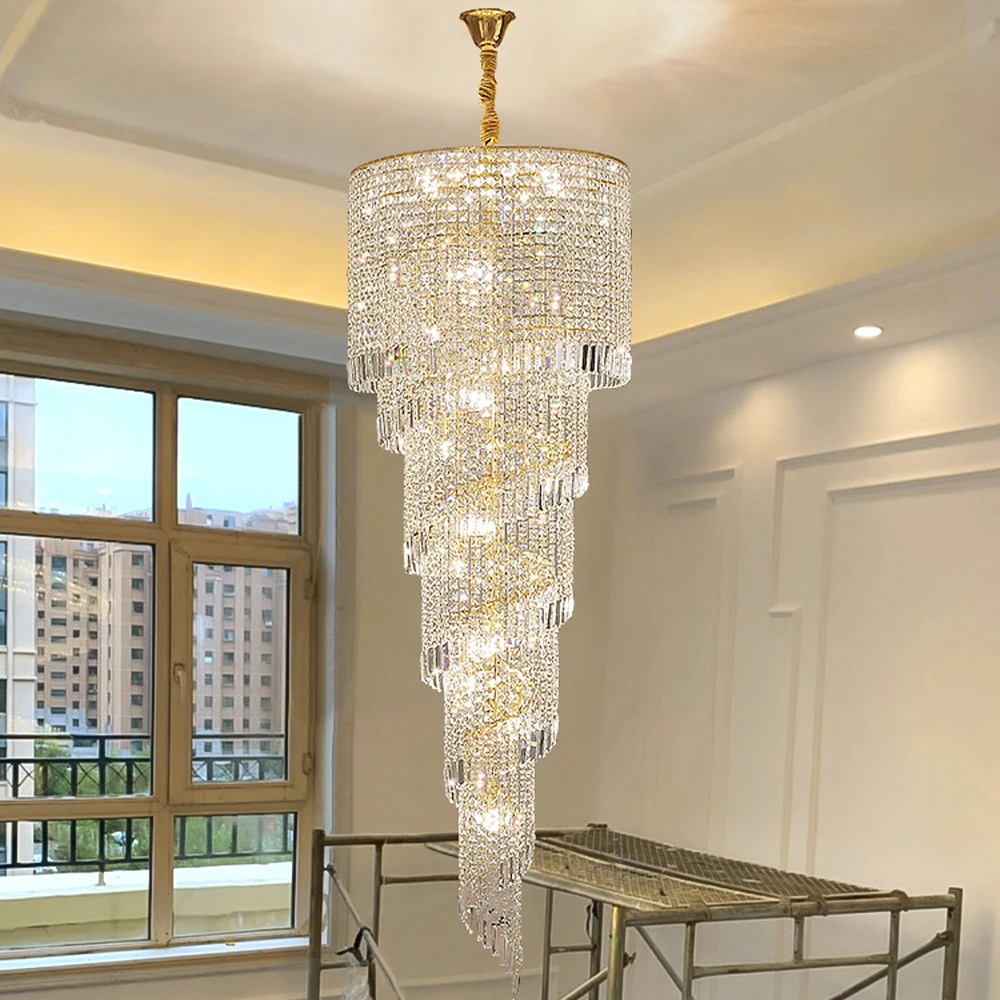 

Spiral Design Large Crystal Chandelier Gold Silver Hall Chandeliers Long Staircase Light Fixtures,Luxury CrIstal Plafonnier