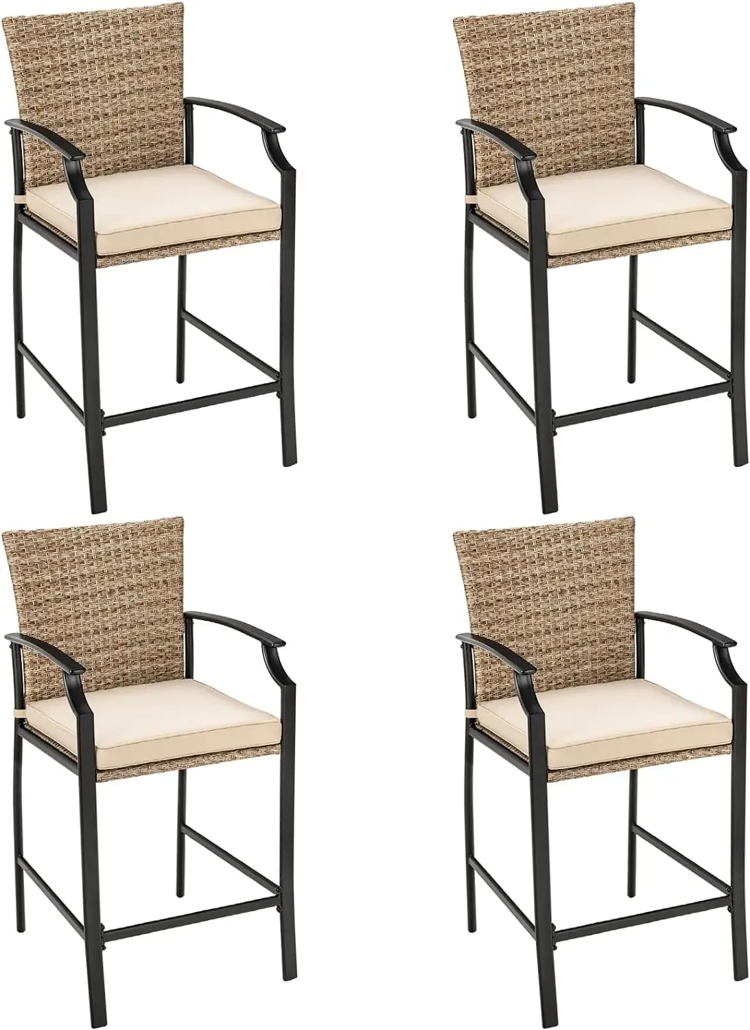

Patio Rattan Bar Stools Set of 4, Outdoor Wicker Bar Height Chairs W/Soft Cushions, High Backrest & Curved Armrest