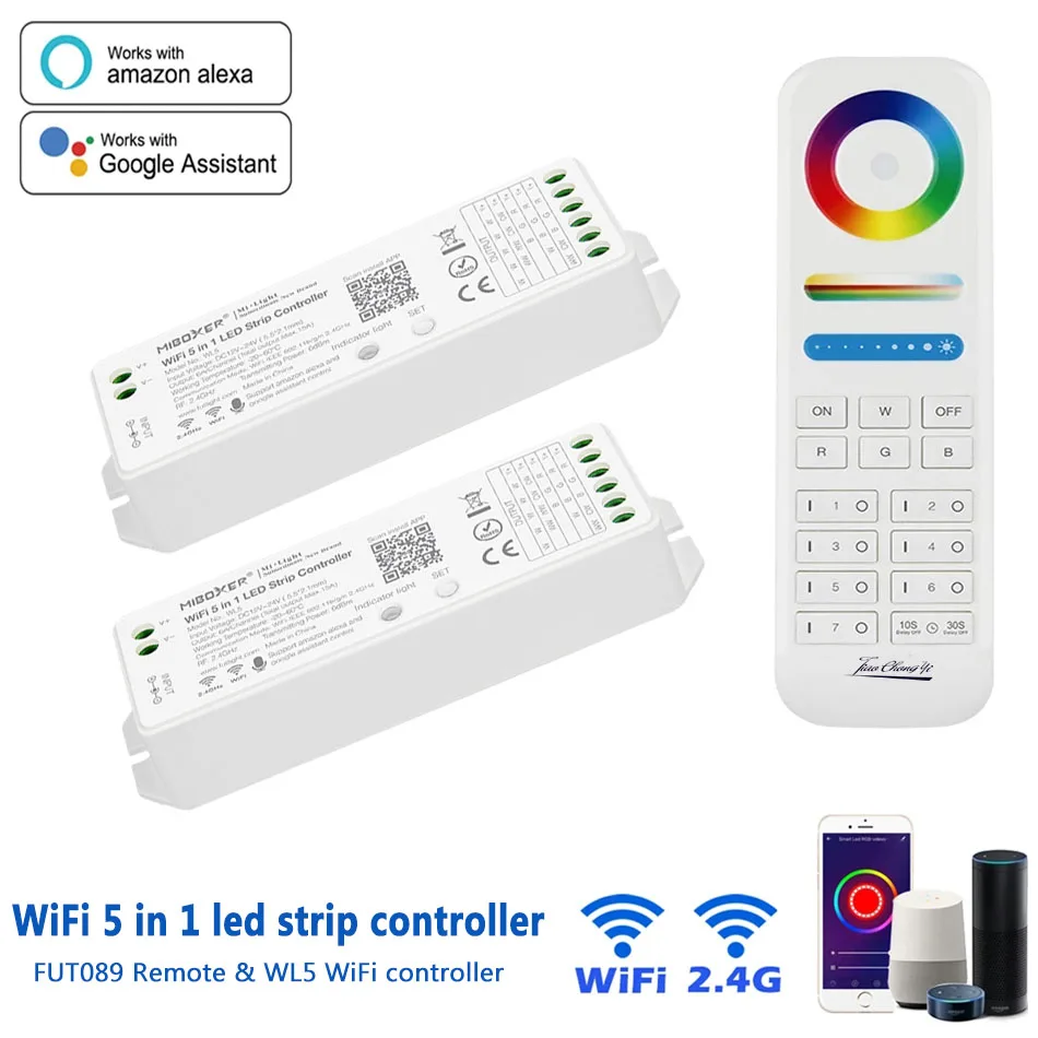 

Miboxer WL5 WiFi 5 in 1 LED Strip Controller with FUT089 Remote For RGBW RGB+CCT Led Strip 2.4G Remote WiFi APP Voice Control