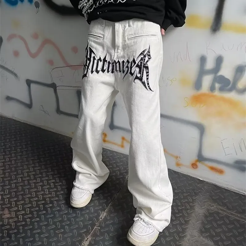 Plus Size Waist 30-46 Inch Mens White Baggy Jeans Wide Leg Denim Pants  Hip-Hop 2022 New Fashion Skateboarder Trousers