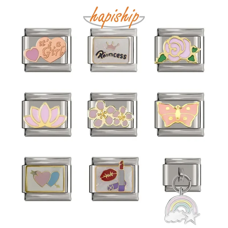 Italian Charm Bracelet Hapiship Original Daisy Flower Princess Rainbow Heart Italian Charm Links Fit 9mm Bracelet Stainless Steel DIY Jewelry DJTop16