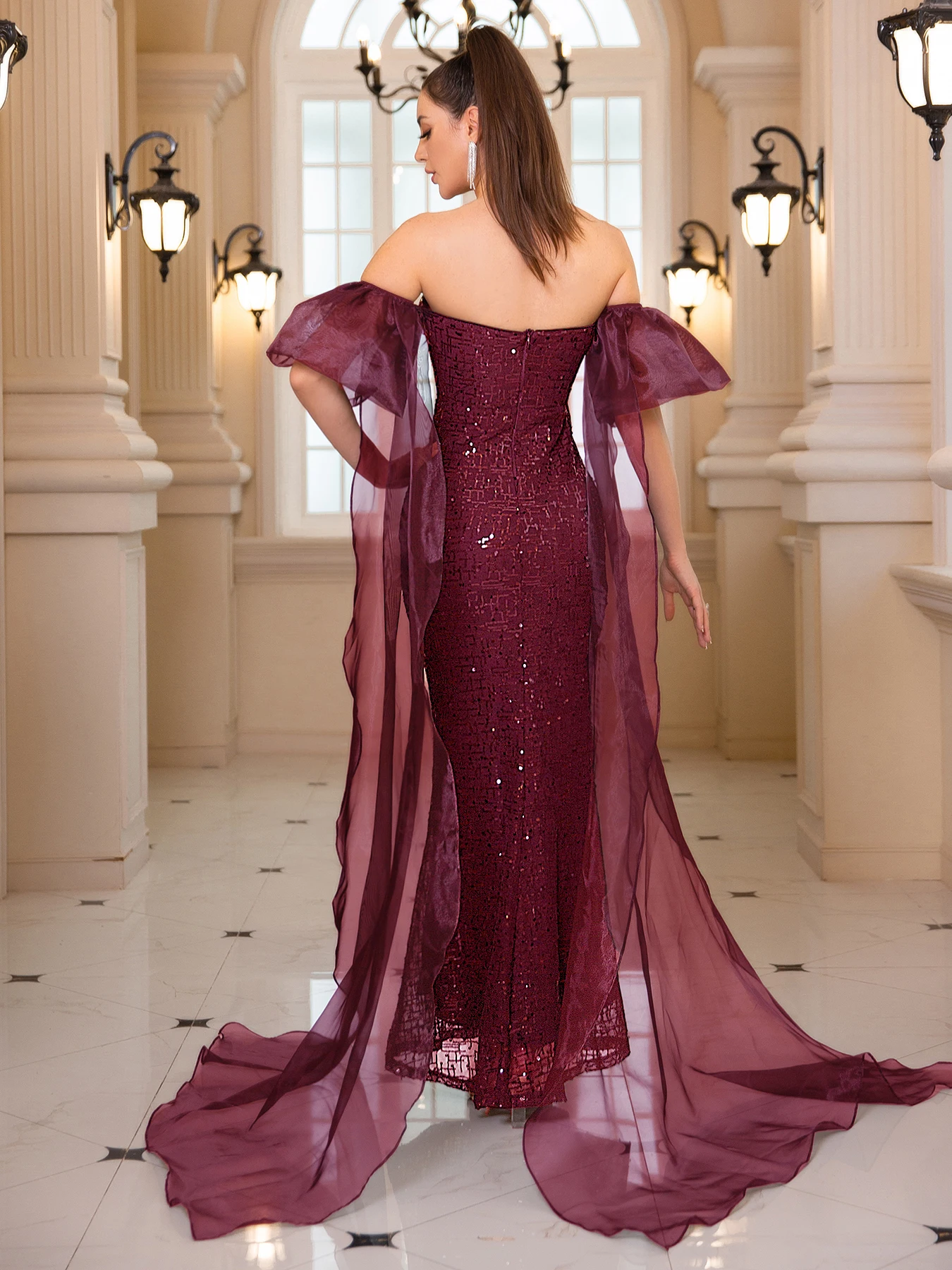 فستان سهرة بدون حمالات ، طول الأرضية ، أكمام منفوخ...