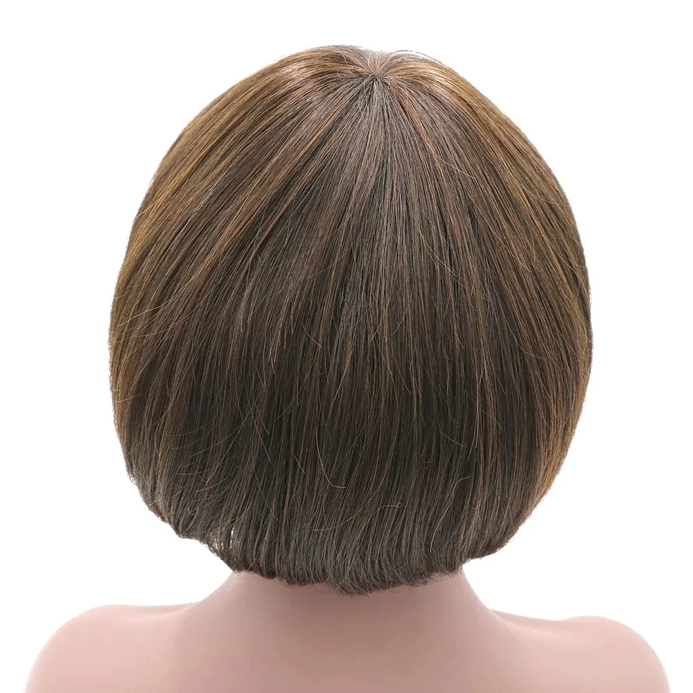 Short Mushroom Bob Wig with Bangs-Brown Synthetic Hair Wig for Women, Heat-Resistant Daily Wear