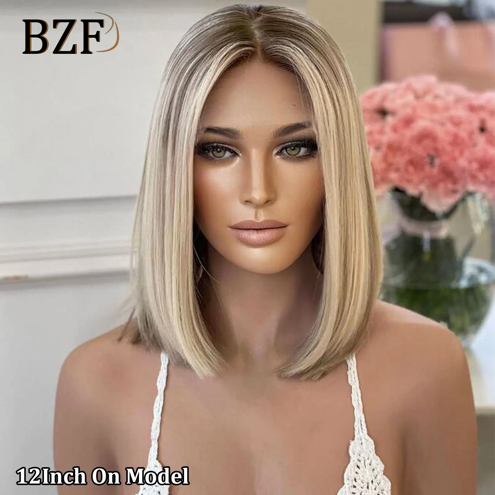 Synthetic Wig 12Inch Blonde Highlight Short Bob Wigs Dark Roots Lace Front Colored Straight Blonde For Women Daily Use