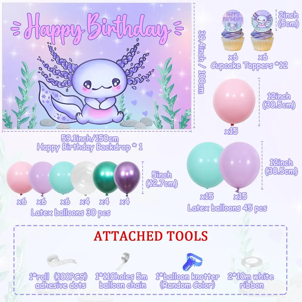 FANGLELAN Axolotl Tema Decorazioni per feste di compleanno Palloncino viola Buon compleanno Sfondo Cupcake 1° 2° 3° Compleanno Supplie  15