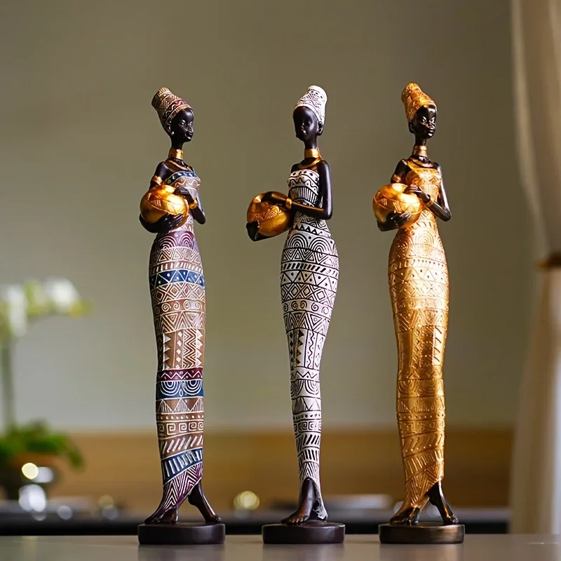 

Resin Painted Black Statue Decor Figurines Retro African Woman Holding Pottery Pots Home Bedroom Desktop Collection Items