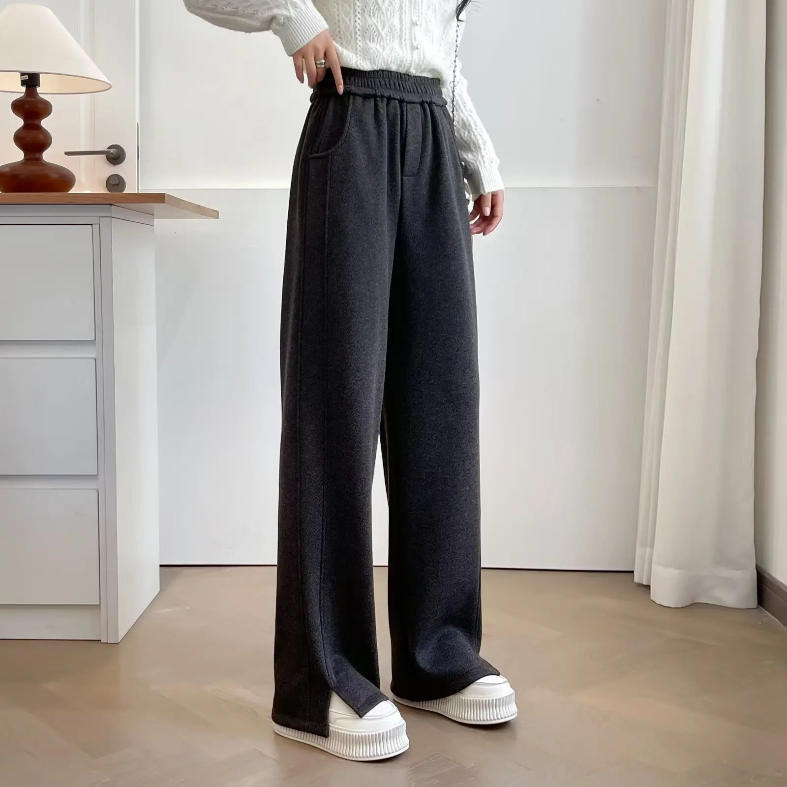 XXXXL Fashion Plus Size Women's Straight Leg Pants 2025 Autumn/Winter New Oversized Fleece Thickened Split Woolen Trousers 8030