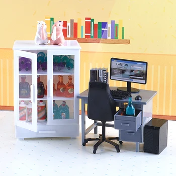 1:12 Set di mobili per ufficio in miniatura per casa delle bambole Simulazione Computre Modello da scrivania Scaffali Accessori per la decorazione della casa delle bambole