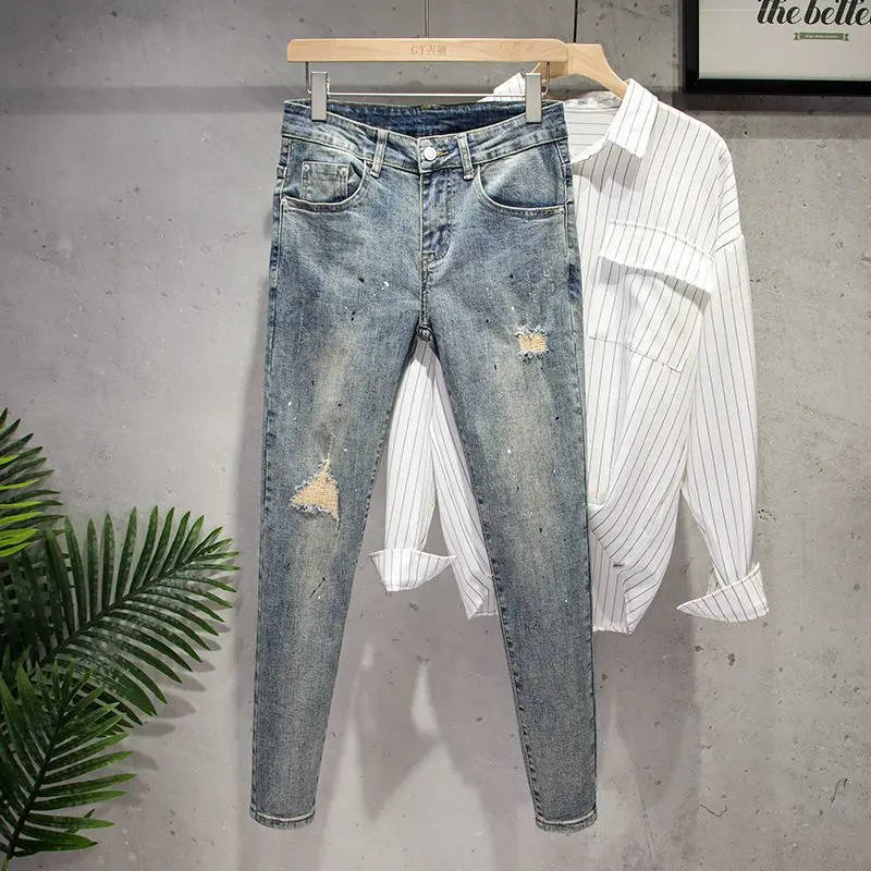 

Fashion 2024 Spring and Autumn Casual Denim Jeans for Men Slim Pencil Pants with Ripped Holes Korean Style Pants Men's Luxury