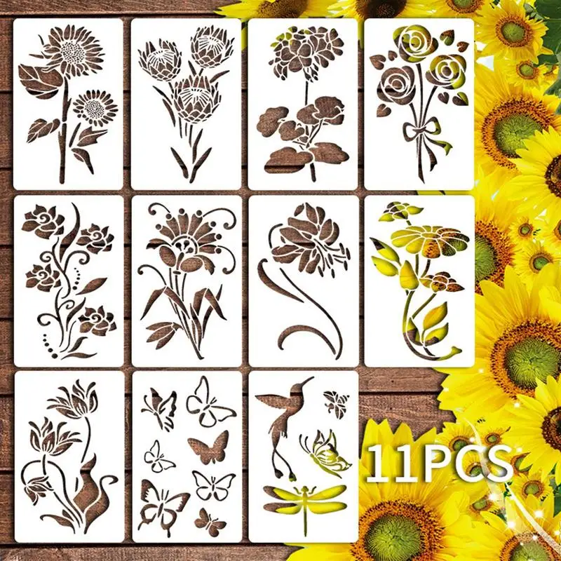 Floral Stencils For Painting 11PCS Flower Stencils For Crafts Flower Stencils Reusable Wall Stencils Crafts For Painting Wall