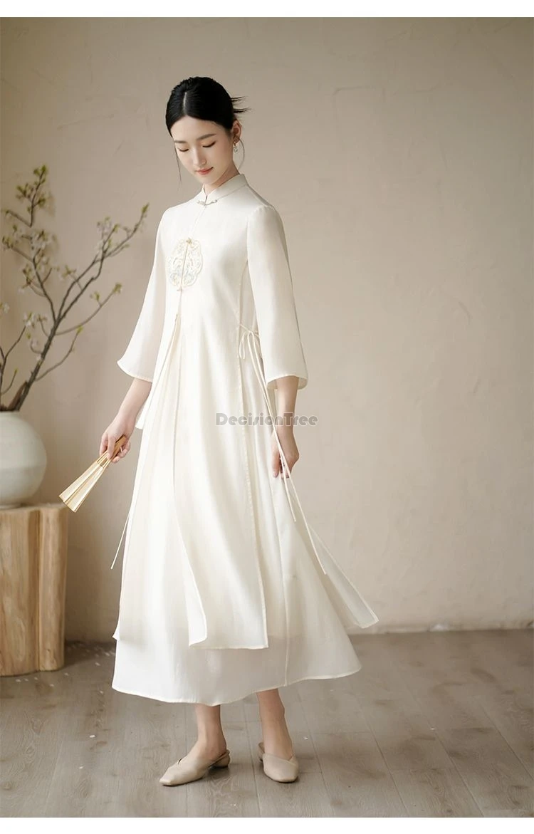 2024 new chinese style zen tea temperament dress gentle graceful daily improved cheongsam classical fairy embroidery loose dress