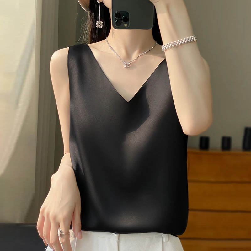 Camiseta Sin Mangas Para Mujer 2025 - Cuello En V, Tejido Tipo Seda/satén, Verano, Básica, Para Leggings O Vaqueros