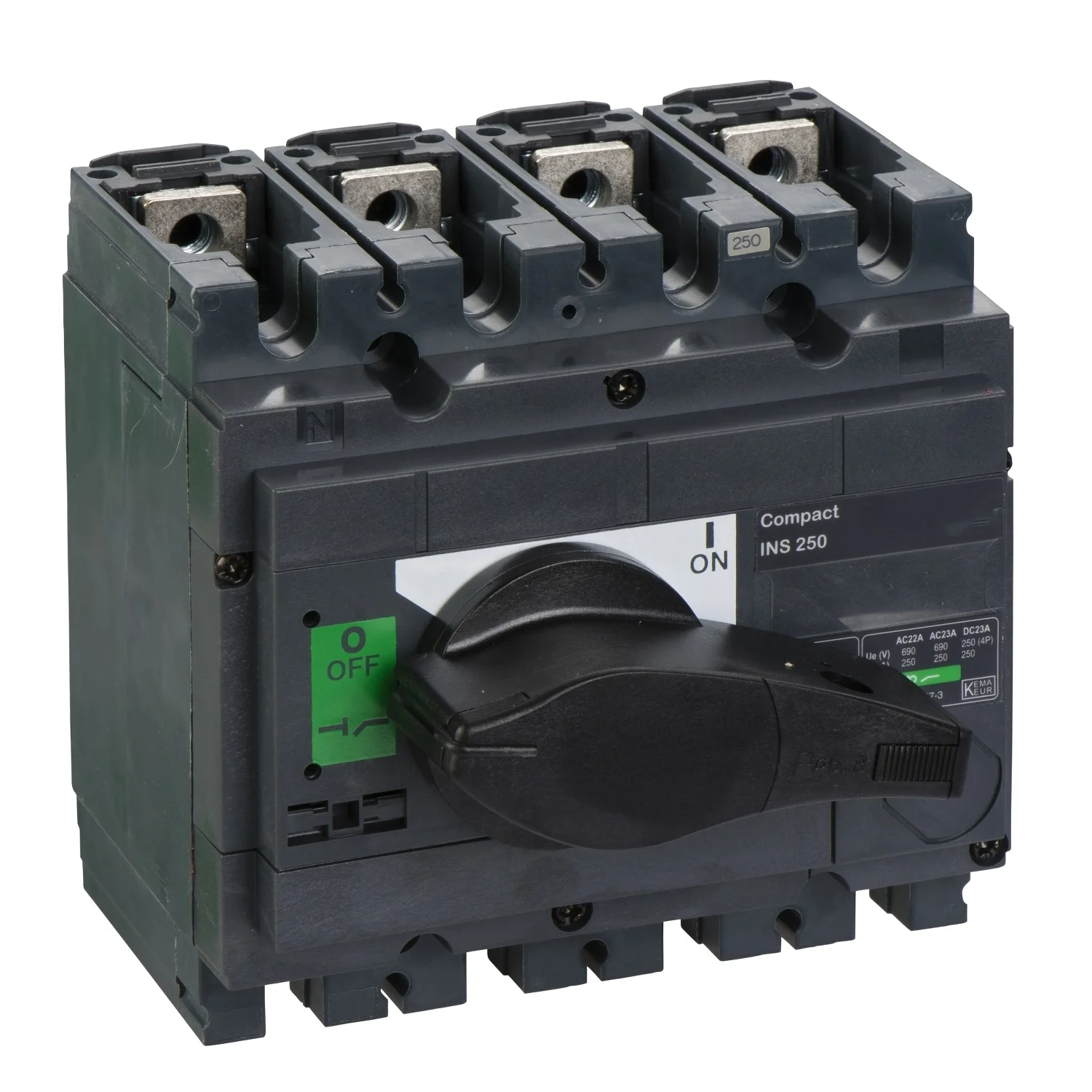 

Разъем переключателя 31107 INS250 4 P, компактный INS250 , 250 A, стандартная версия с черной вращающейся ручкой, 4 полюса