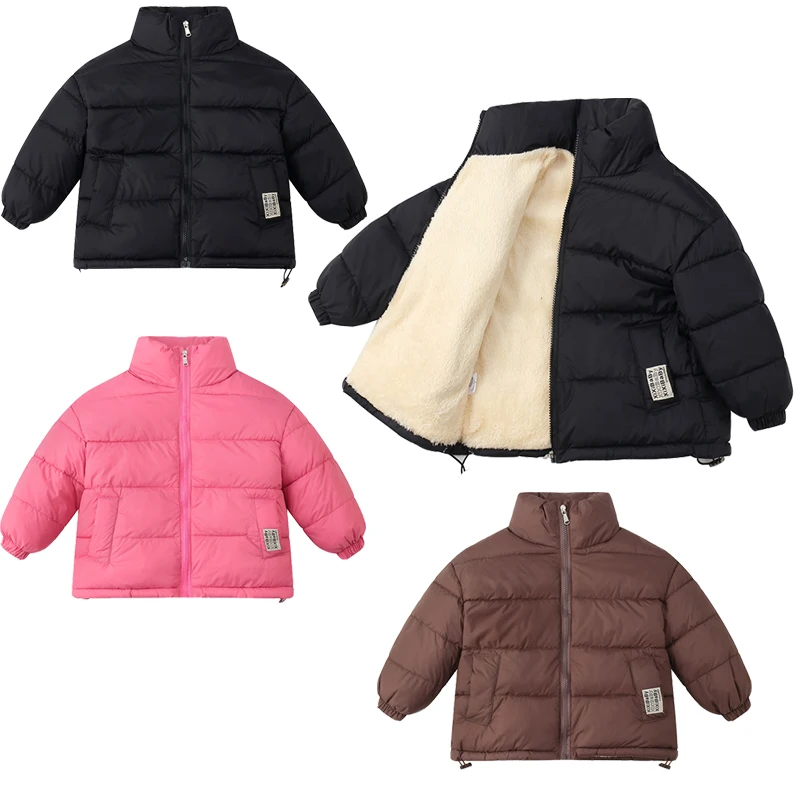 

2023 Winter New Kids Standing Collar Cotton Jacket Baby Boys Girls Cashmere Warm Thicken Coat 2-8 Years Children Fleece Outerwea